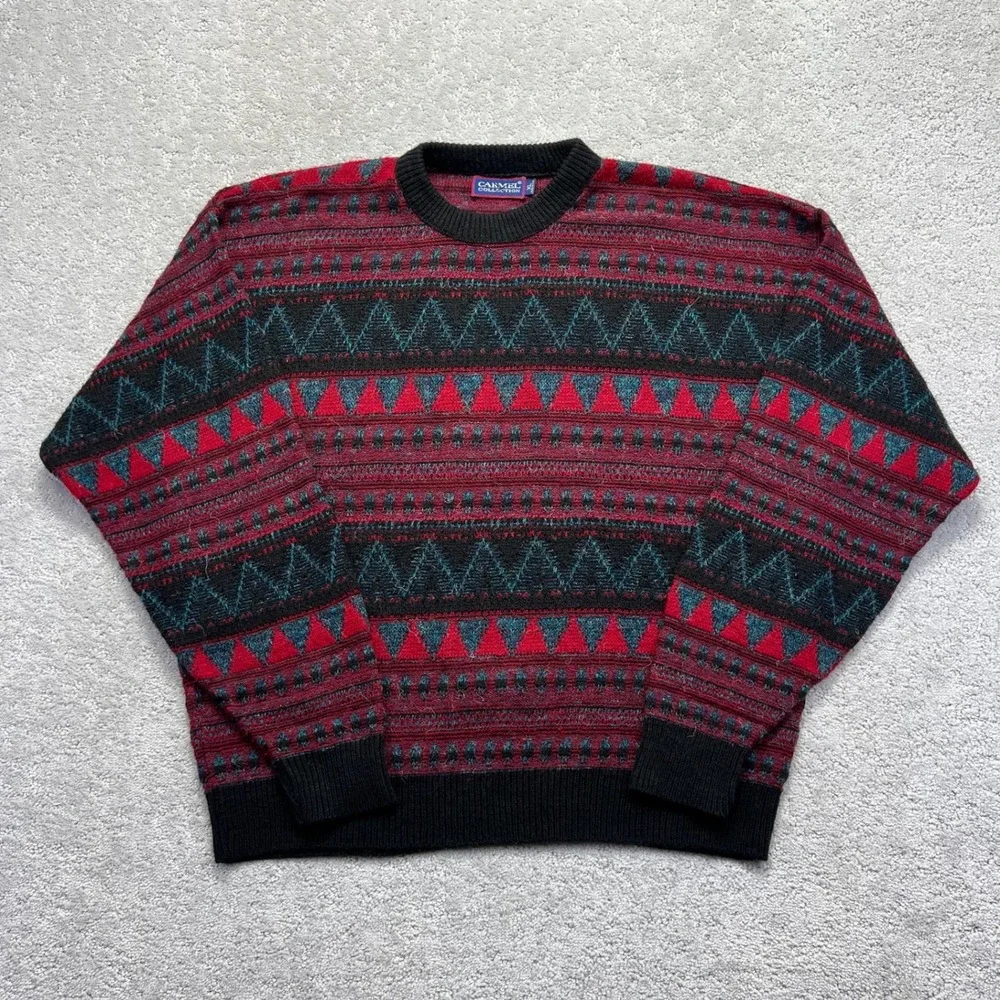 VINTAGE Carmel Collection Sweater Mens XL Red Black Geometric Knit Made in USA